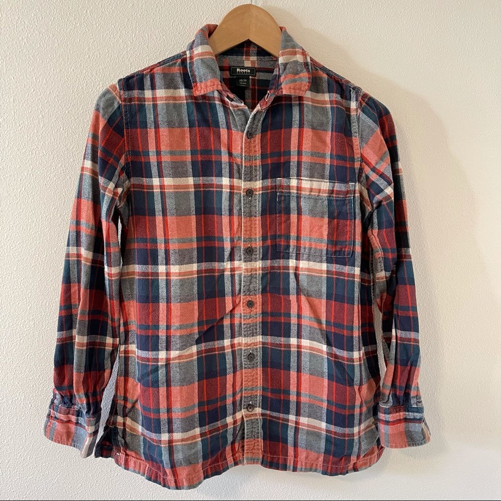 Roots Canada Plaid Flannel Button Up Shirt Red Green-XS